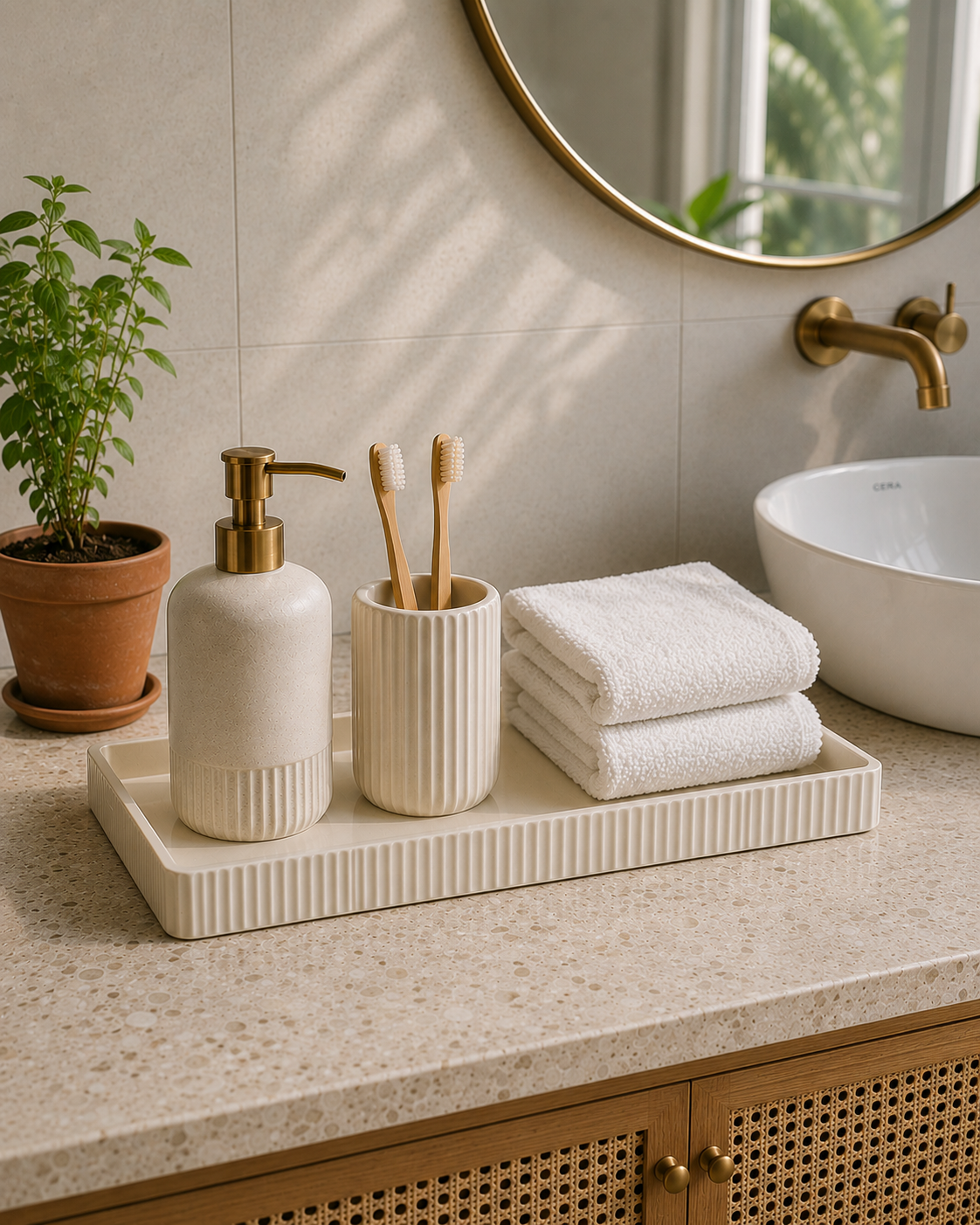 Fluted rectangular tray styled on a bathroom vanity