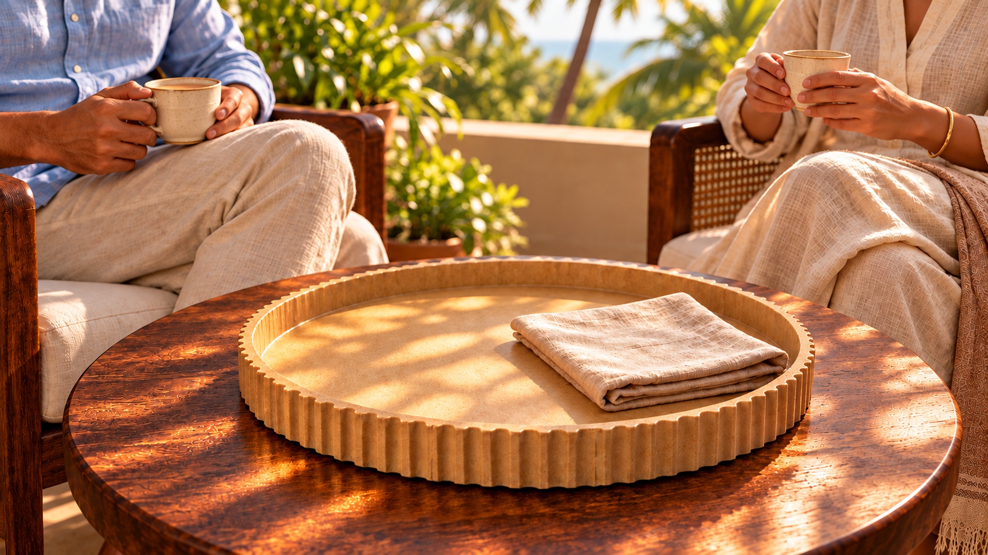 Kona tray on a table between two people enjoying coffee