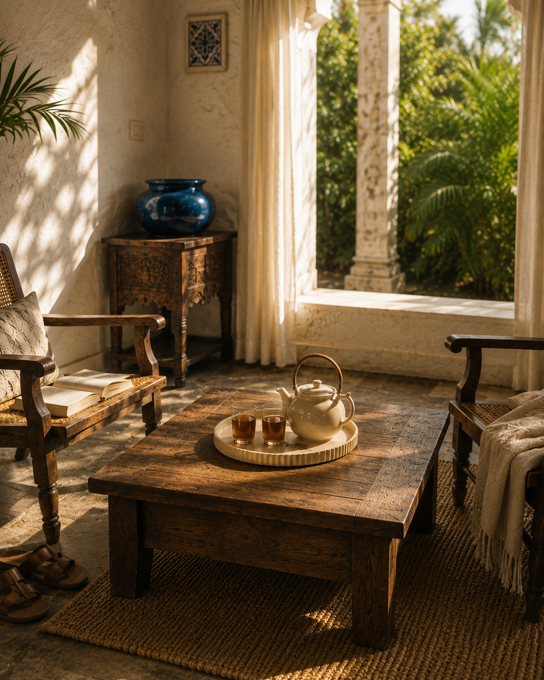 Round tray styled on a veranda
